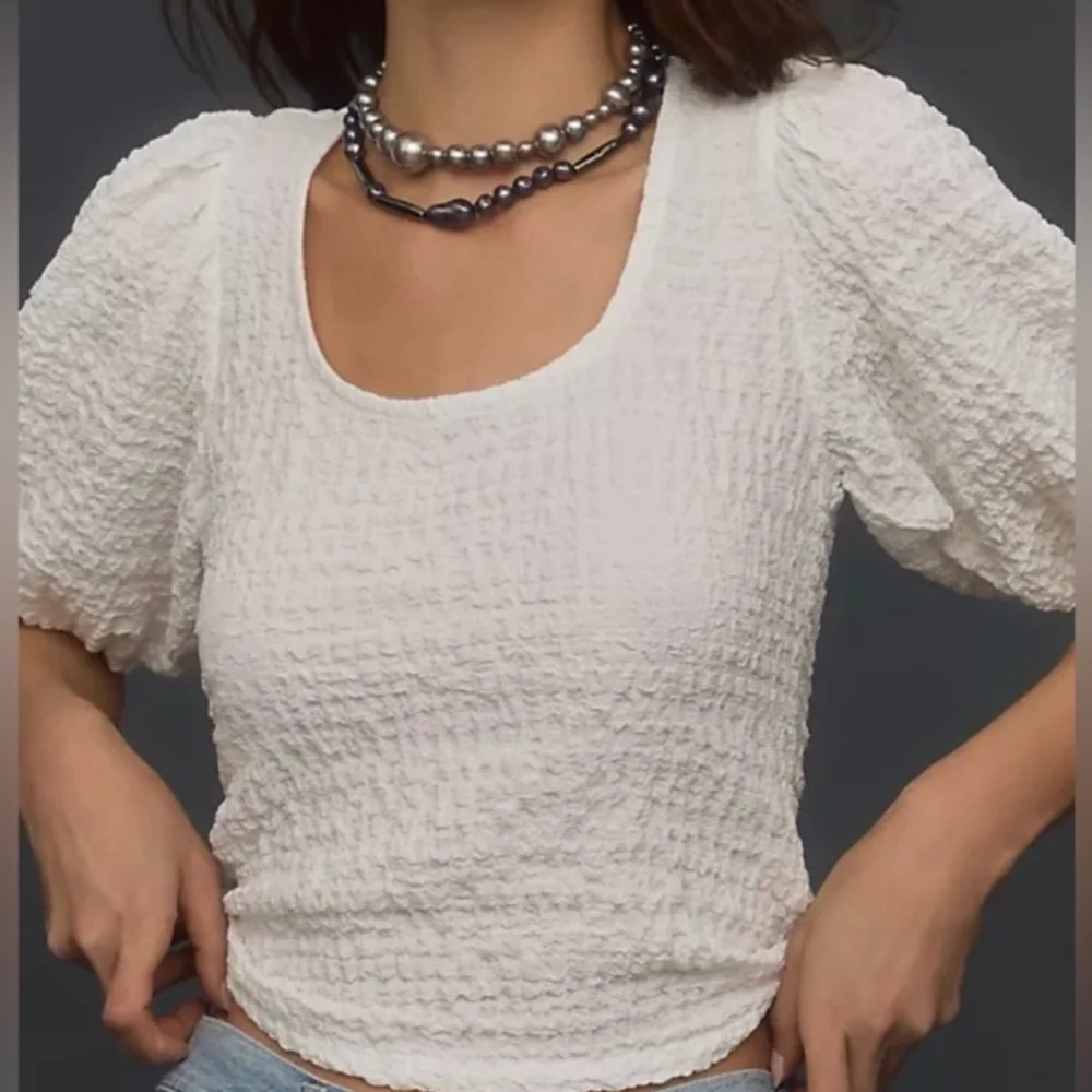 MAUVE x Anthropologie White Balloon-Sleeve Textured Top Cottagecore Resort